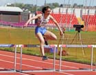 Nisha Desai (Trafford0 wins the 400 metres hurdles at the North Eastern Champs, Gateshead.